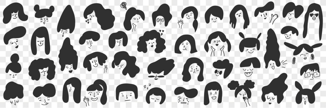 Brunette female hairstyles doodle set. Collection of hand drawn female characters with various black short and long hairstyles isolated on transparent background. Illustration of stylish hairdressing
