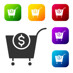 Black Shopping cart and dollar symbol icon isolated on white background. Online buying concept. Delivery service. Supermarket basket. Set icons in color square buttons. Vector.
