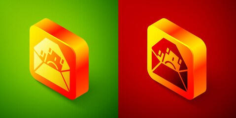 Isometric Envelope with coin dollar symbol icon isolated on green and red background. Salary increase, money payroll, compensation income. Square button. Vector.