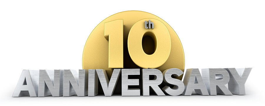 10th anniversary celebration logo in golden and silver color isolated on white background. Ten years anniversary logo. 3d illustration.
