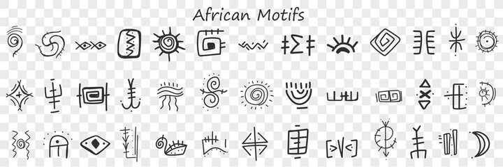 African motives and patterns doodle set. Collection of hand drawn stylish oriental pattens signs and motives of african cultures isolated on transparent background. Illustration of cultural paintings