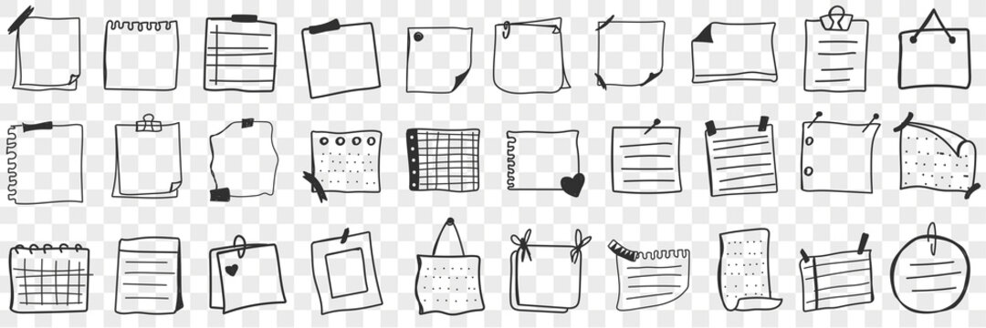 Various papers and notes doodle set. Collection of hand drawn pieces and pages of paper notes with reminders and information isolated on transparent background. Illustration of notebooks in rows 