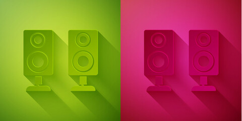 Paper cut Stereo speaker icon isolated on green and pink background. Sound system speakers. Music icon. Musical column speaker bass equipment. Paper art style. Vector.