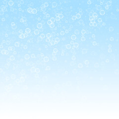 Soap bubbles abstract background. Blowing bubbles on winter sky background. Bold soapy foam overlay template. Perfect vector illustration.