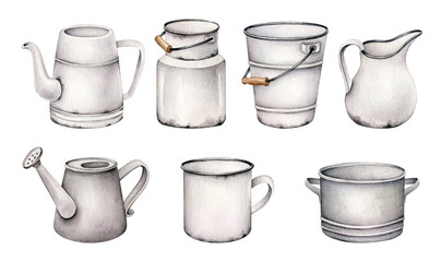set of jars.dishware.rural tableware.bucket, watering can, kettle, can, cup, jug, kettle, saucepan - obrazy, fototapety, plakaty