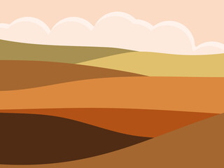 Natural landscape in a minimalistic style. Plains and mountains, fields and meadows. Boho decor for prints, posters and interior design. Mid Century modern decor. Vector illustration