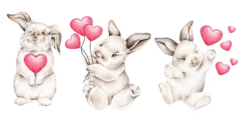 Foto op Aluminium Schattige konijntjes Aquarel konijnen met hartjes