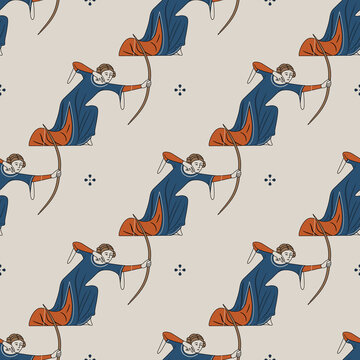 Seamless Pattern With Medieval Female Archers. Woman With Bow. Illuminated Manuscript Motif.