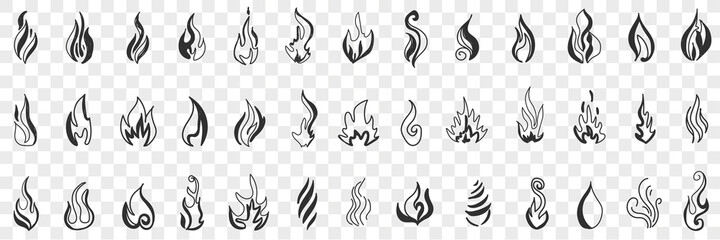 Fire and flame doodle set. Collection of hand drawn fire flames and forks of flames in different shapes burning in air in rows isolated on transparent background. Illustration of fire patterns  © drawlab19
