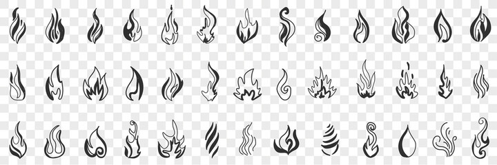 Fire and flame doodle set. Collection of hand drawn fire flames and forks of flames in different shapes burning in air in rows isolated on transparent background. Illustration of fire patterns 