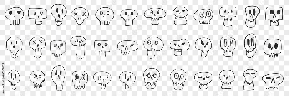 Wall mural Various skull faces doodle set. Collection of hand drawn spooky skulls faces of different shapes and expressions isolated on transparent background. Illustration of skulls for kids 