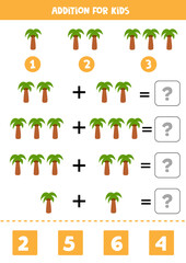 Addition game with cartoon palm tree. Math game for kids.