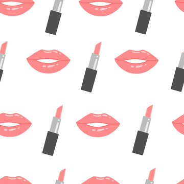 Pink shiny lips and lipstick. Vector seamless pattern pink lips lipstick.