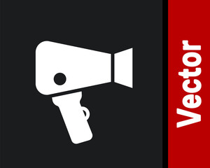 White Hair dryer icon isolated on black background. Hairdryer sign. Hair drying symbol. Blowing hot air. Vector.