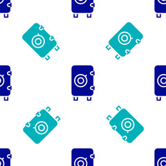 Blue Safe icon isolated seamless pattern on white background. The door safe a bank vault with a combination lock. Reliable Data Protection. Vector.