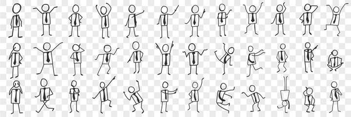 Businessman in tie doodle set. Collection of hand drawn silhouettes of businessman in tie expressing emotions with hands isolated on transparent background. Illustration of office men feeling excited