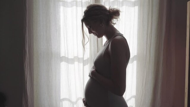 Pregnant woman stroking baby belly in front of window at home