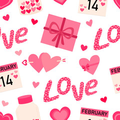 Seamless pattern Valentine's day hearts gifts candy vector illustration	