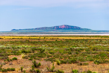Unusual landscape. Mountain Big Bogdo in the Astrakhan region, Russia. Sacred place for practicing...