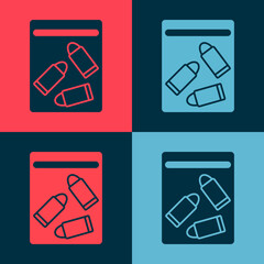 Pop art Evidence bag and bullet icon isolated on color background. Vector.