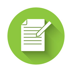 White Document and pen icon isolated with long shadow. File icon. Checklist icon. Business concept. Green circle button. Vector.