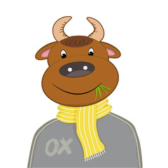 Cute ox animal cartoon charactor for Chinese zodiac sign or horoscope animal of the year 2021 year of the ox with yellow and gray colors outfit, color of the year 2021.