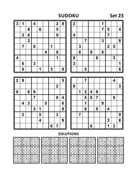 Four sudoku puzzles of comfortable (easy, yet not very easy) level, on A4 or Letter sized page with margins, suitable for large print books, answers included. Set 23.
