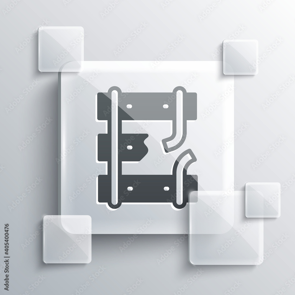 Poster grey broken or cracked rails on a railway icon isolated on grey background. square glass panels. vec