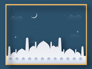 Illustration Of White Mosque With Crescent Moon And Starlight On Blue Background.