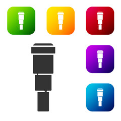 Black Spyglass telescope lens icon isolated on white background. Sailor spyglass. Set icons in color square buttons. Vector.
