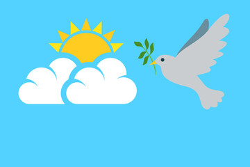 flying dove with small olive branch and shining sun throught the clouds on blue sky background copy space,hope,easter and peace concept vector illustration