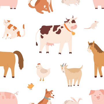 Seamless pattern with farm domestic animals. Endless repeatable backdrop with cow, horse, goat, pig, rabbit, cat, dog, mouse, hen and chicken. Colorful flat vector illustration on white background