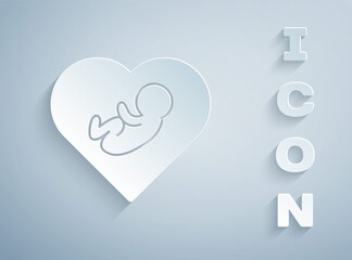Paper cut Baby inside heart icon isolated on grey background. Paper art style. Vector.