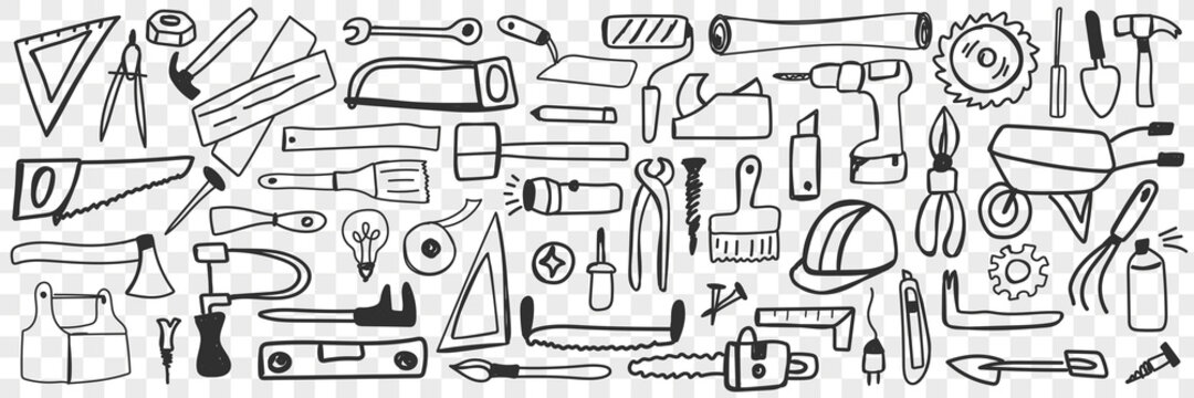 Various tools for repair doodle set. Collection of hand drawn drill hammer saw pliers socket screwdriver isolated on transparent background. Illustration of repairing instruments for workers