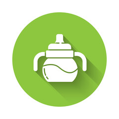 White Baby bottle icon isolated with long shadow. Feeding bottle icon. Milk bottle sign. Green circle button. Vector.