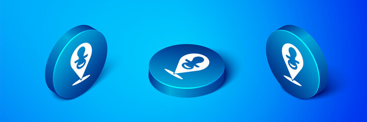 Isometric Baby dummy pacifier icon isolated on blue background. Toy of a child. Blue circle button. Vector.