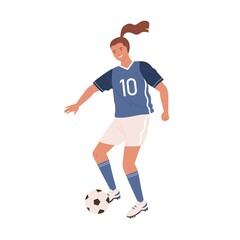 Young female soccer player kicking ball forward. Woman playing football in blue sports uniform, boots with studded sole and stockings. Colorful flat vector illustration isolated on white background
