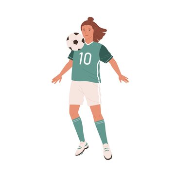 Female football player hitting ball with chest. Young woman playing soccer in green sports uniform, boots and stockings. Colored flat vector illustration isolated on white background