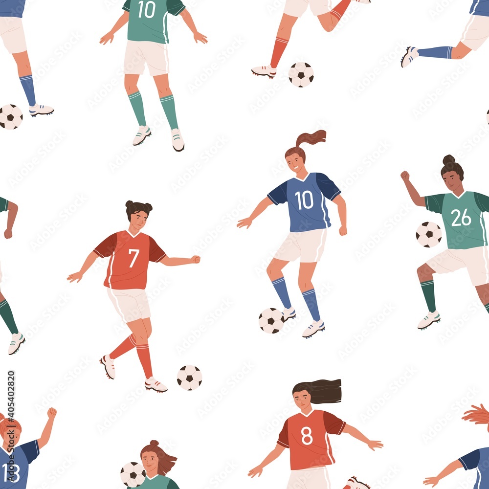 Poster seamless pattern with female football players on white background. endless repeatable backdrop with 