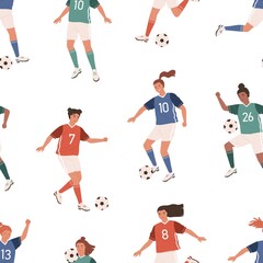 Fototapeta na wymiar Seamless pattern with female football players on white background. Endless repeatable backdrop with women in sports uniform playing with soccer ball. Colorful flat vector illustration