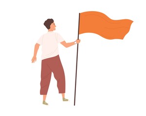 Young modern man standing and holding waving flag as symbol of success and leadership. Goal achievement concept. Colored flat vector illustration isolated on white background © Good Studio