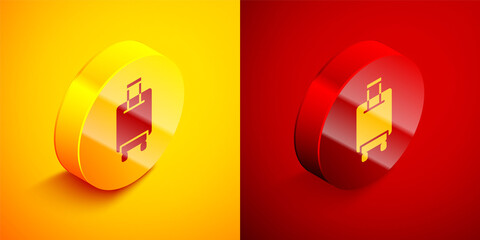 Isometric Suitcase for travel icon isolated on orange and red background. Traveling baggage sign. Travel luggage icon. Circle button. Vector.