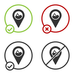 Black Map pointer with mountain icon isolated on white background. Mountains travel icon. Circle button. Vector.