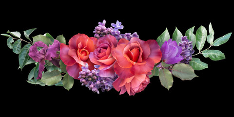 Red roses and purple flowers isolated on black background. Floral arrangement, bouquet of garden flowers. Can be used for invitations, greeting, wedding card.