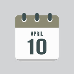 Icon day date 10 April, template calendar page