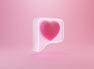 3d render illustration. social media notification with neon glow. pink heart icon with neon glow in square speech bubble on background with shadow.