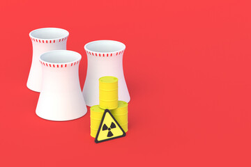 Nuclear power plant and barrels with radioactive waste near sign. Processing, storage and removal or transportation hazardous substances. Utilization toxic elements. 3d rendering