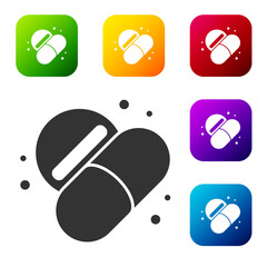 Black Medicine pill or tablet icon isolated on white background. Capsule pill and drug sign. Pharmacy design. Set icons in color square buttons. Vector.