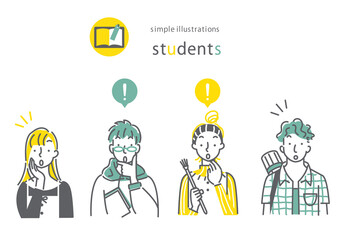 いろいろな学部の大学生のおしゃれでシンプルな線画イラストセット