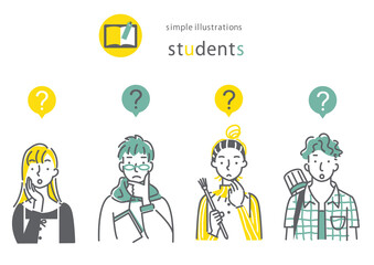 いろいろな学部の大学生4人　おしゃれでシンプルな線画イラストセット